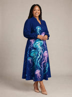 "Bahari" Long Puff Sleeve Dress — walking, three-quarter view on model