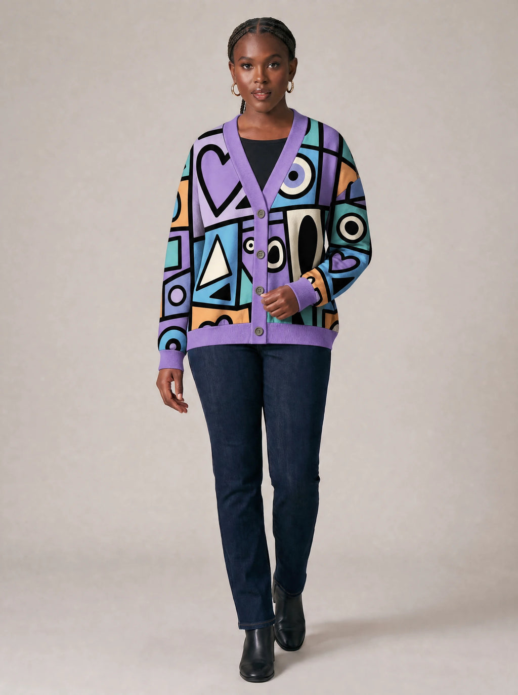 "Sanaa" Cardigan — three-quarter view on model