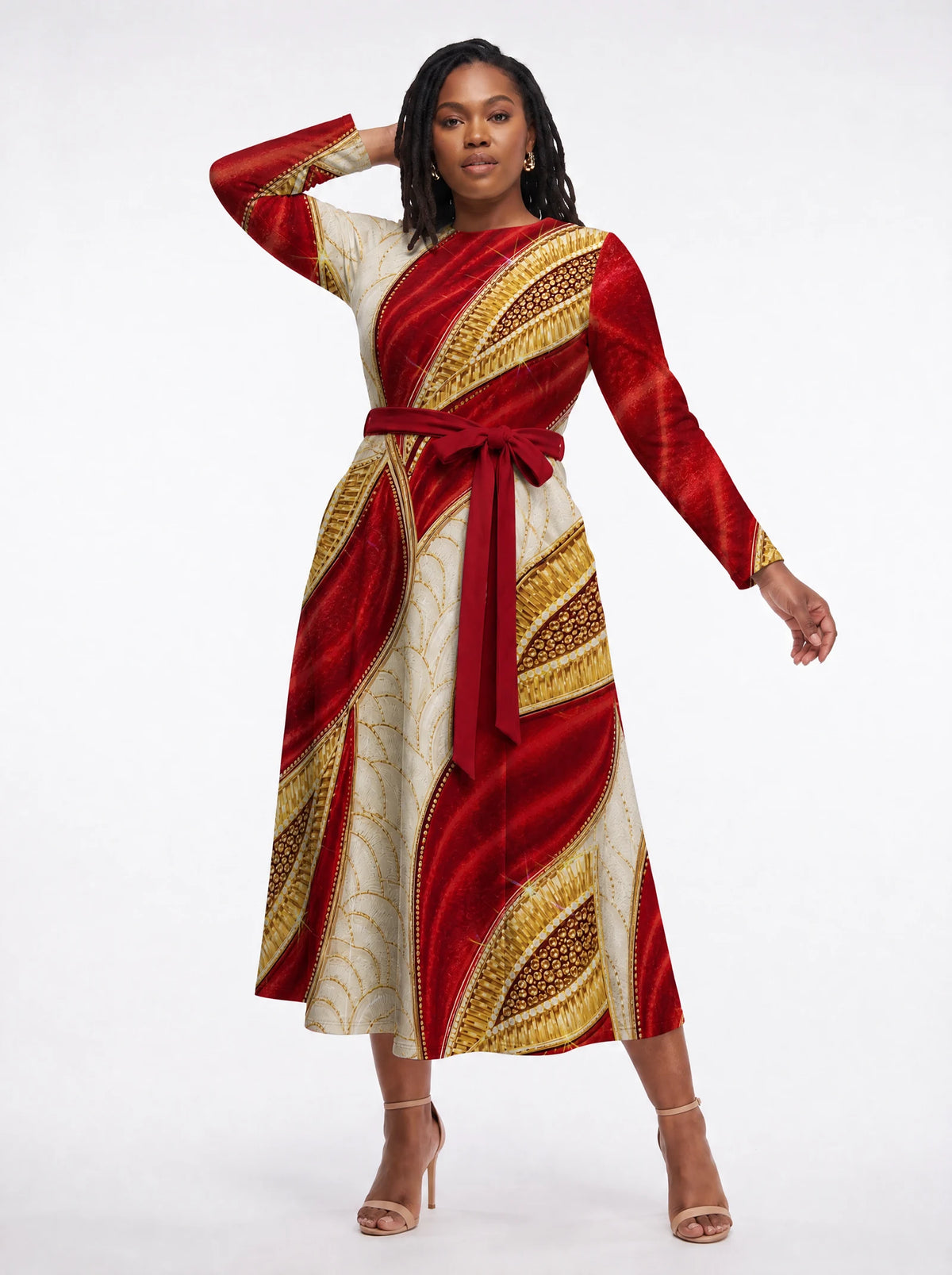 "Utukufu" Long Sleeve Midaxi Dress — walking, three-quarter view on model