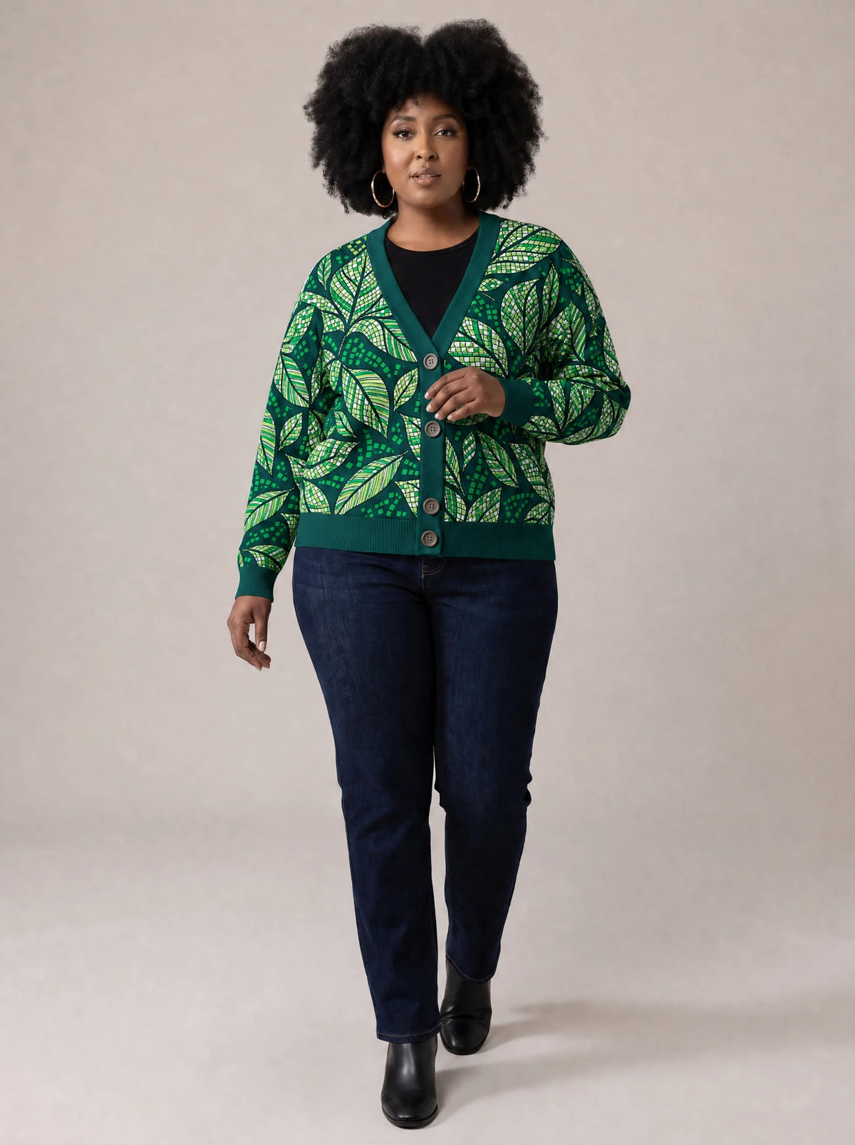 "Jani" Cardigan — three-quarter view on model