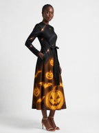 "Mwako" Halloween Long Sleeve Midaxi Dress — walking, three-quarter view on model