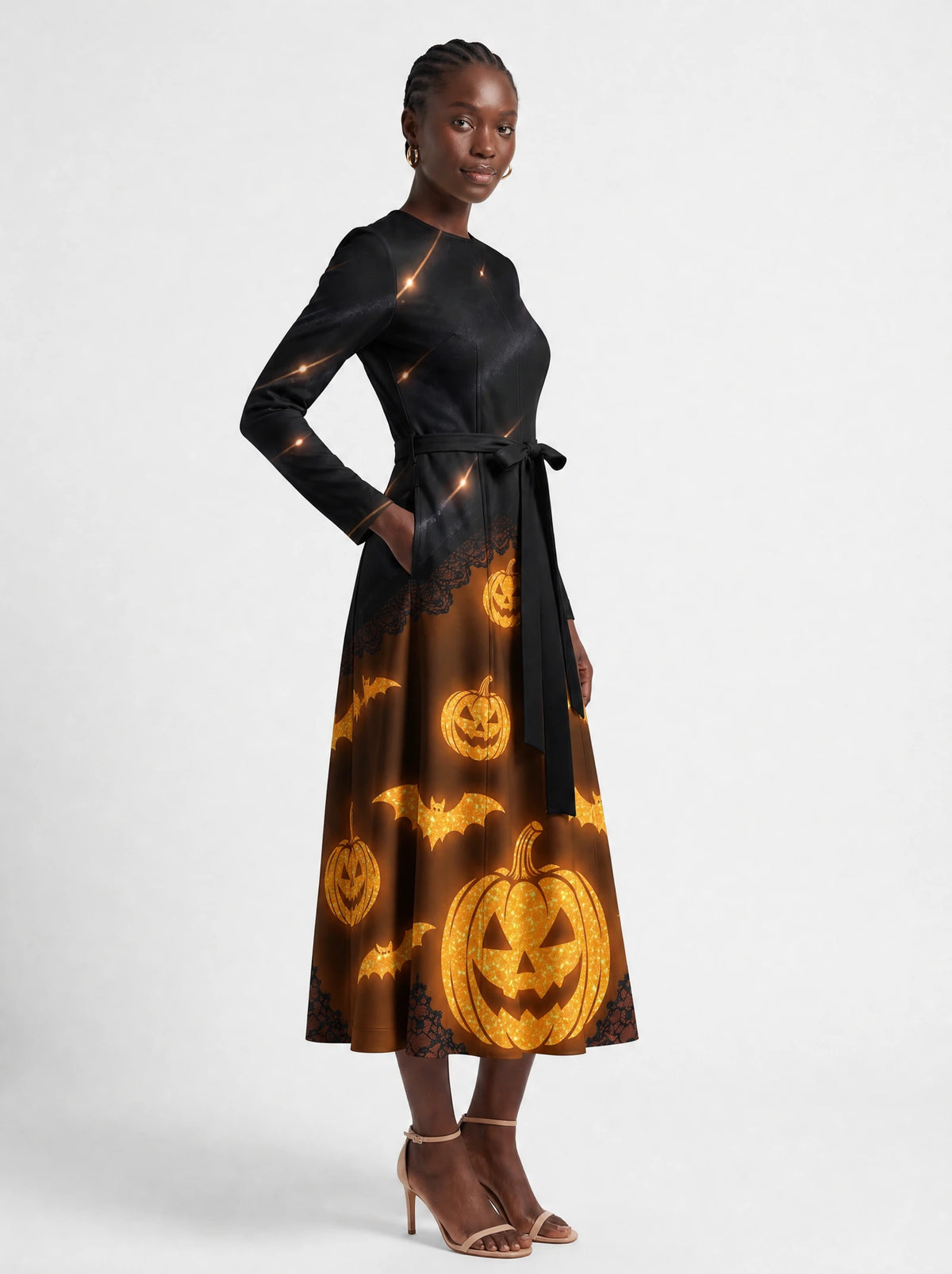 "Mwako" Halloween Long Sleeve Midaxi Dress — walking, three-quarter view on model