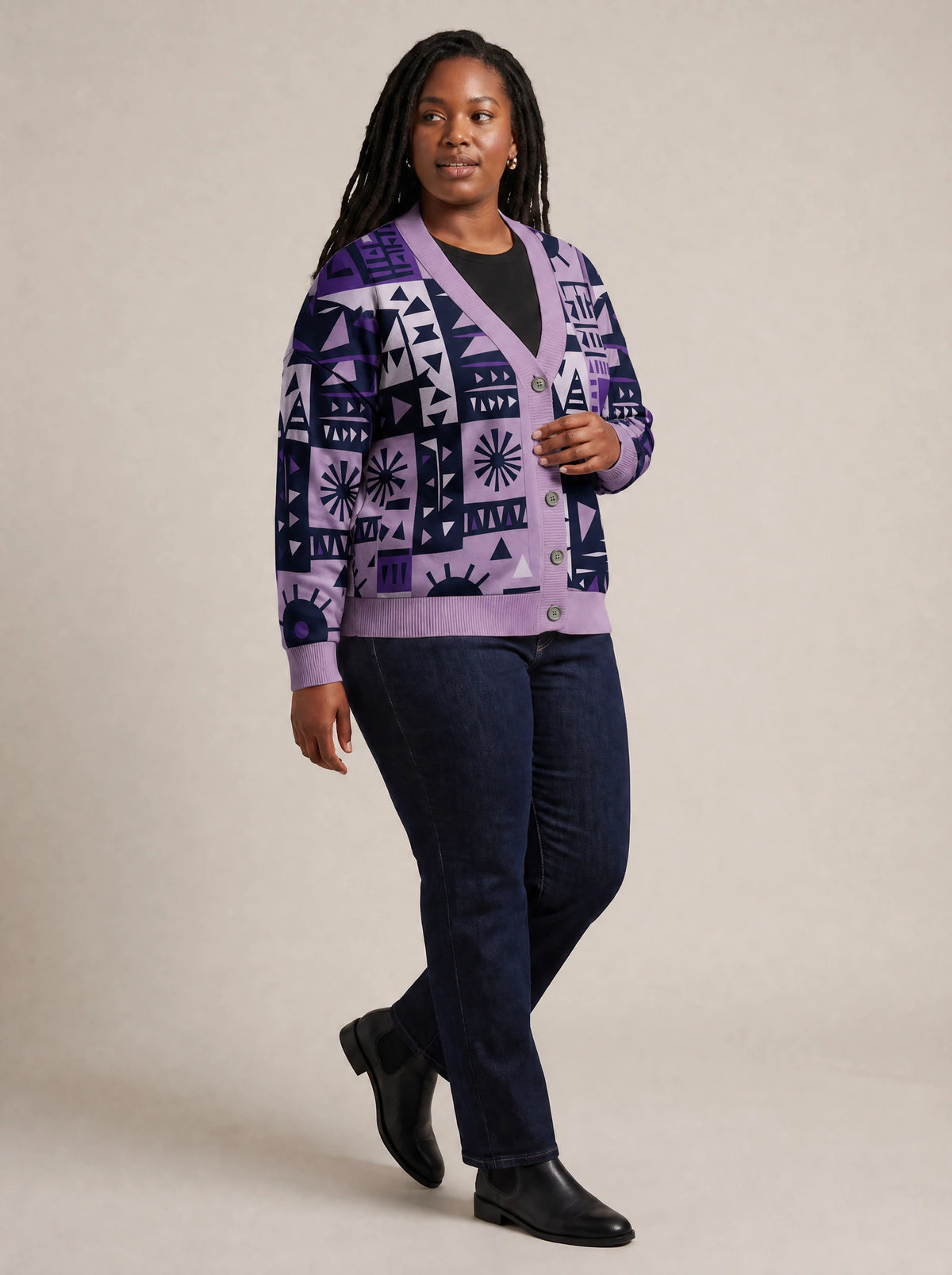 "Lavenda" Cardigan — three-quarter view on model