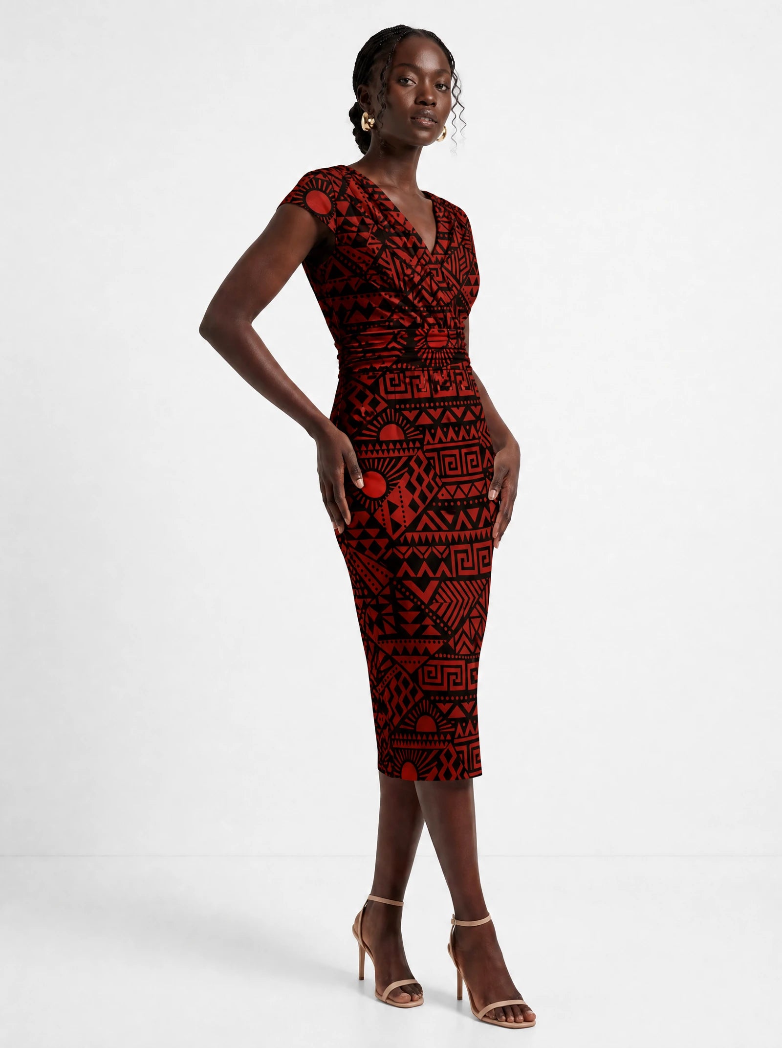 "Shaka Burgundy" Cap Sleeve Midi Dress — three-quarter view on model