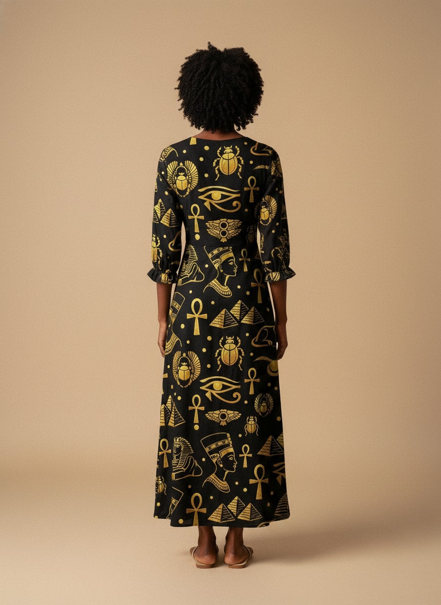 "Nefertiti" Black Gold Long Sleeve Maxi Dress