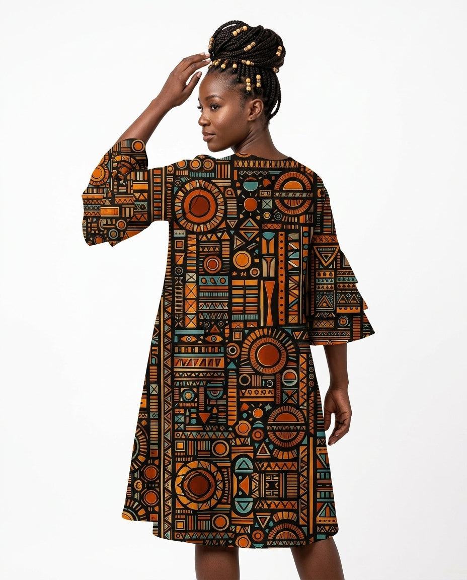 Afrocentric Pattern Stacked Ruffle Sleeve Dress