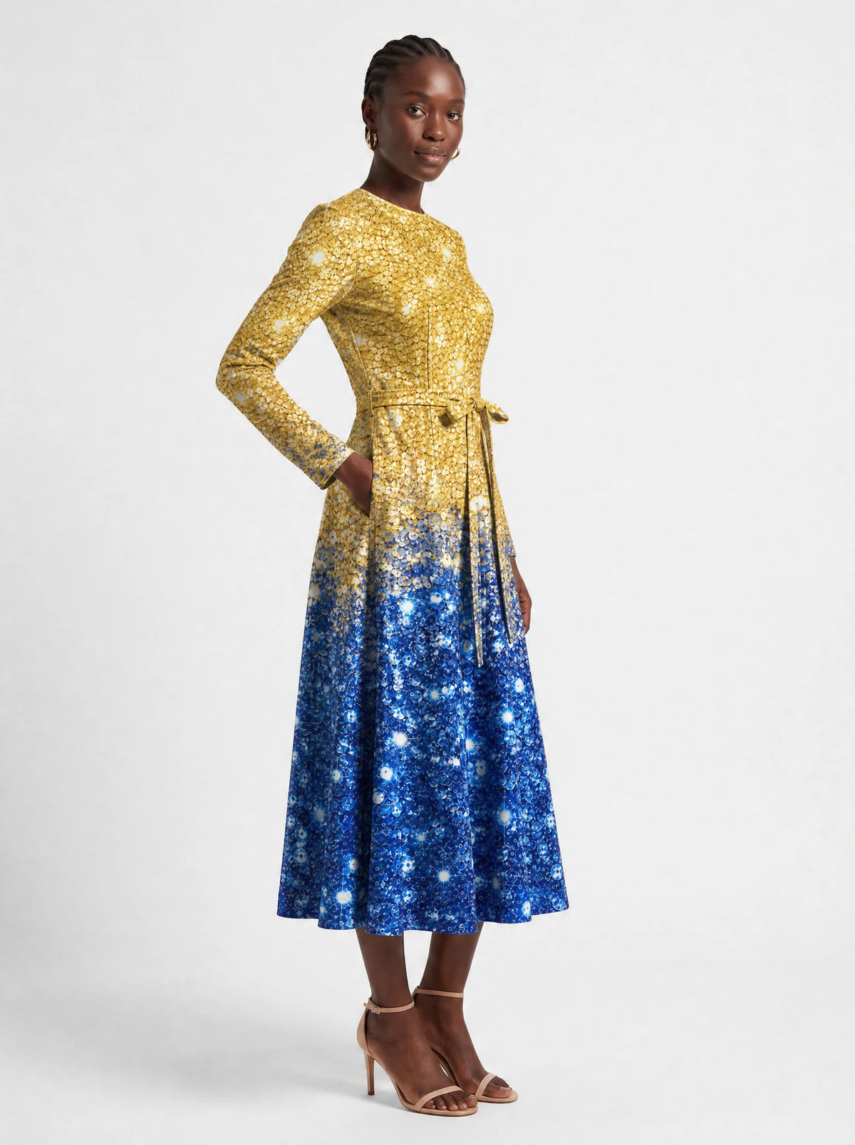 "Angaza" Long Sleeve Midaxi Dress — walking, three-quarter view on model