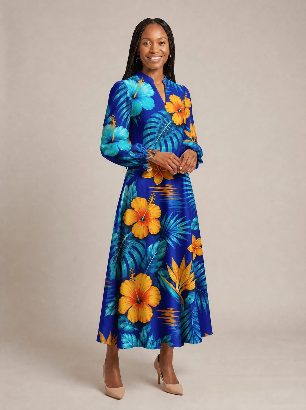 "Maua" Long Puff Sleeve Dress — walking, three-quarter view on model