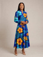 "Maua" Long Puff Sleeve Dress — walking, three-quarter view on model