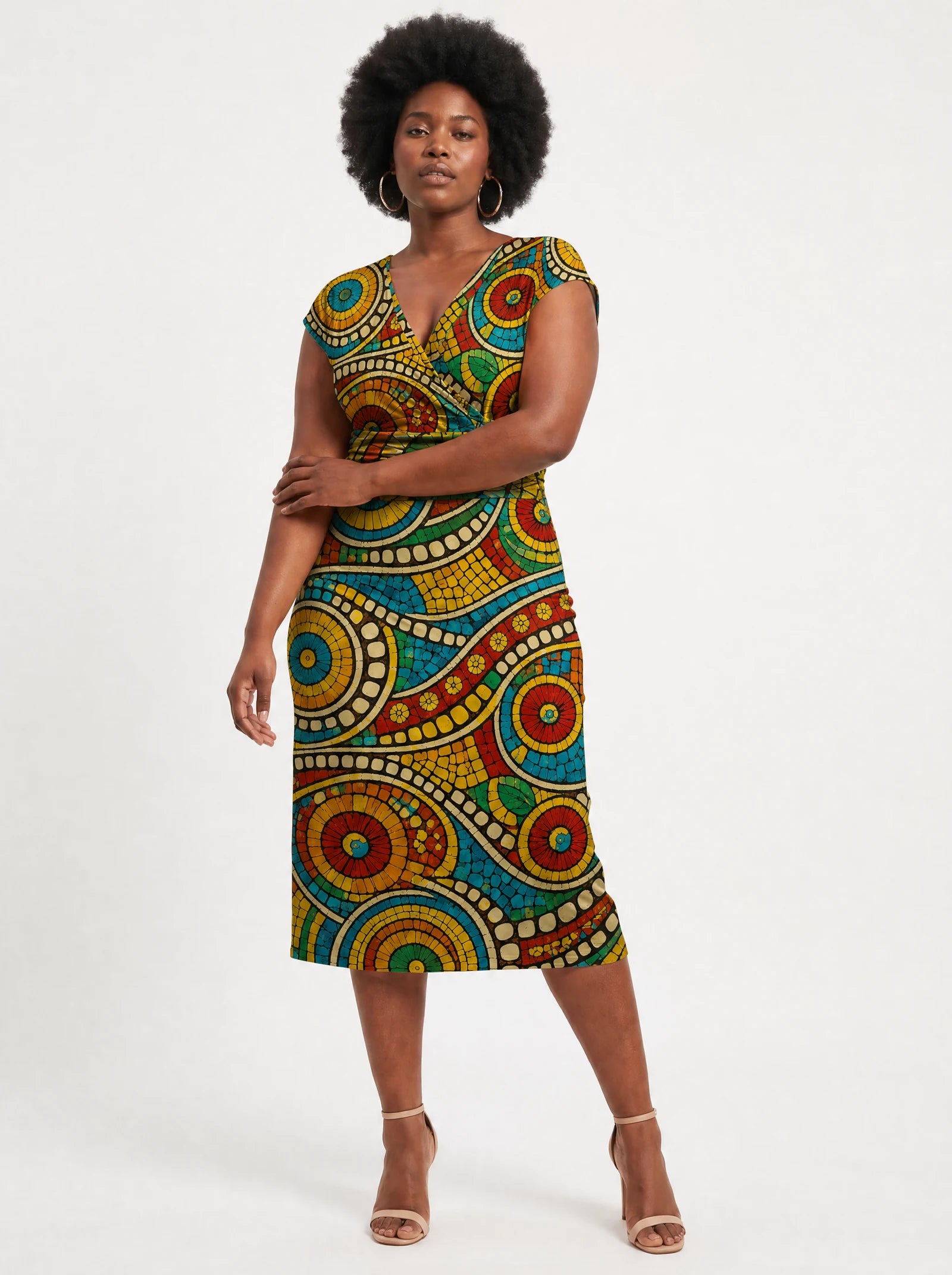 "Taji" Cap Sleeve Midi Dress — three-quarter view on model