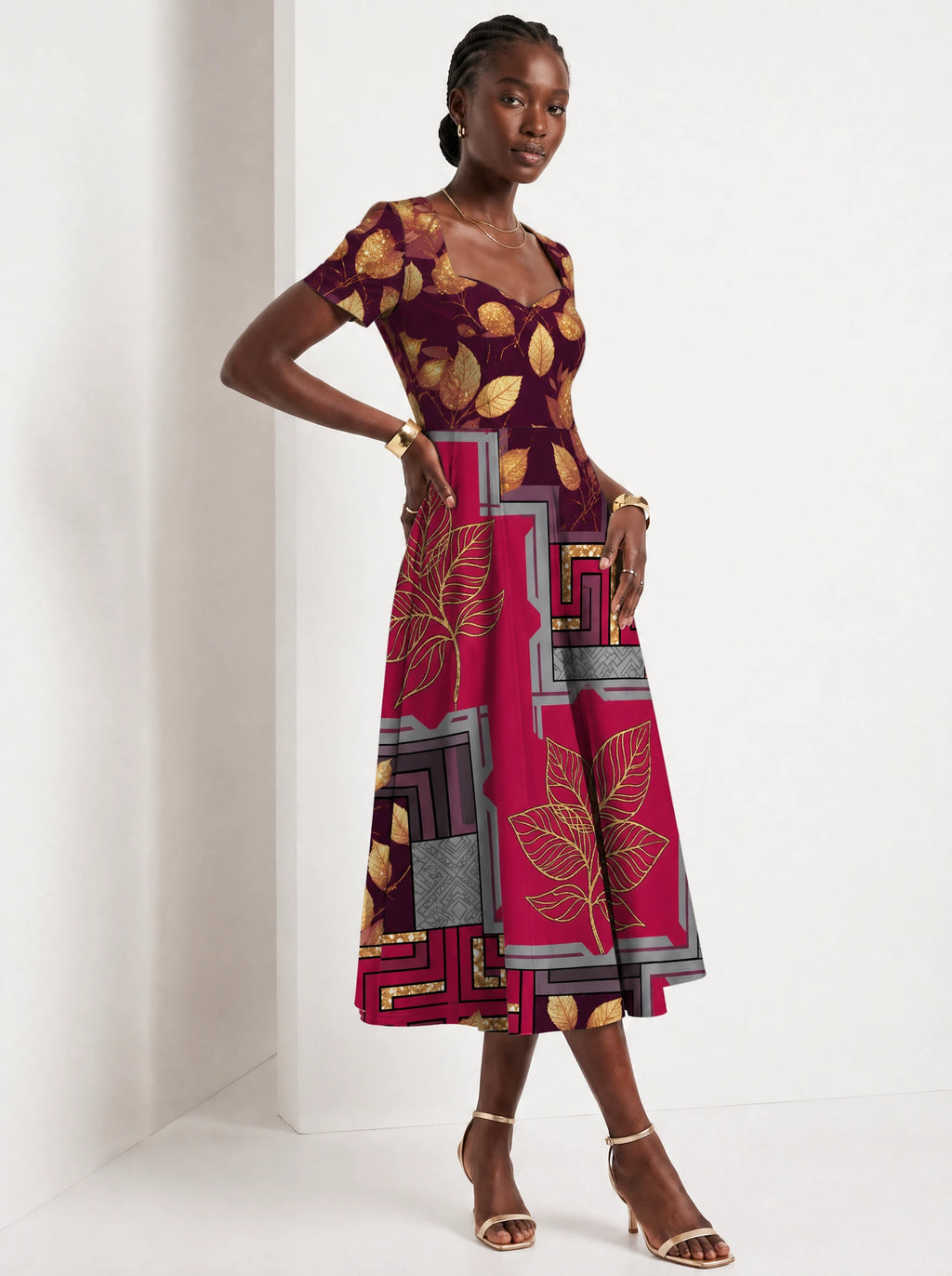 "Vuli" Sweetheart Midi Dress — three-quarter view on model