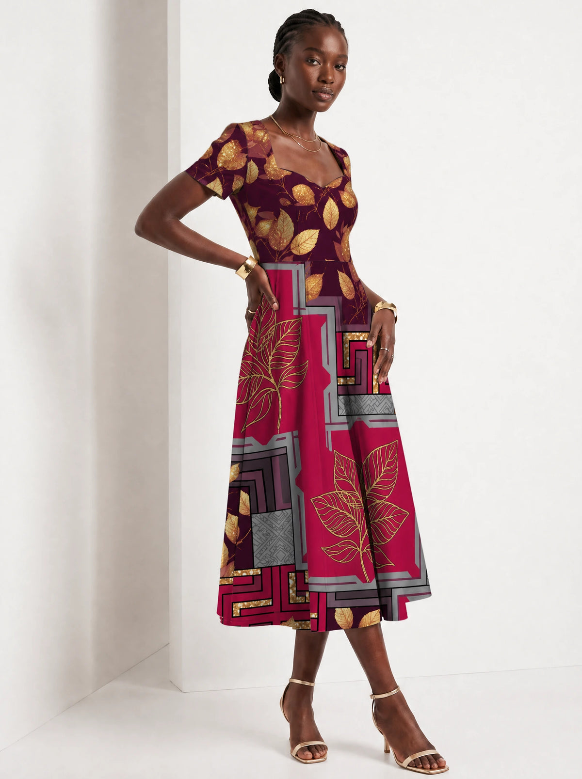 "Vuli" Sweetheart Midi Dress — three-quarter view on model