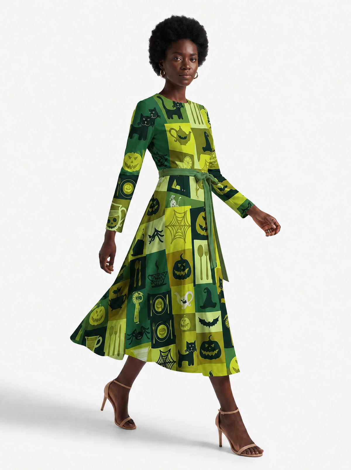 "Karamu" Halloween Long Sleeve Midaxi Dress — walking, three-quarter view on model