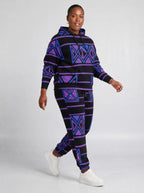 "Jioni" Black Violet Hoodie & Jogger Set — walking three-quarter view on model