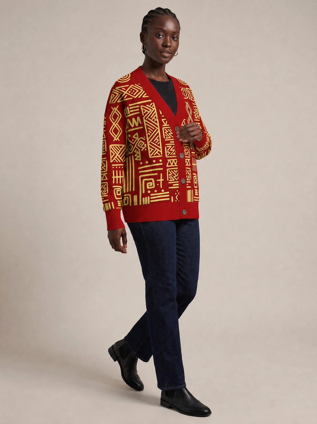 "Alama" Knitted Cardigan — three-quarter view on model