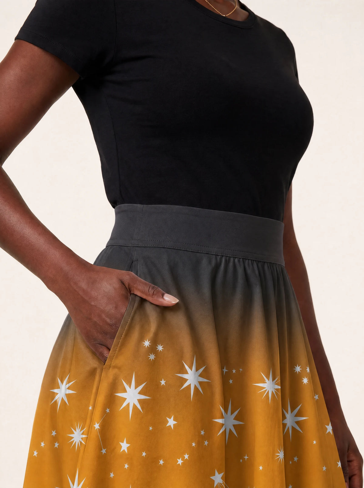 "Nuru" Twirl Skirt — waistband and pocket close-up