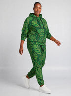 "Asili" Emerald Hoodie & Jogger Set — walking three-quarter view on model