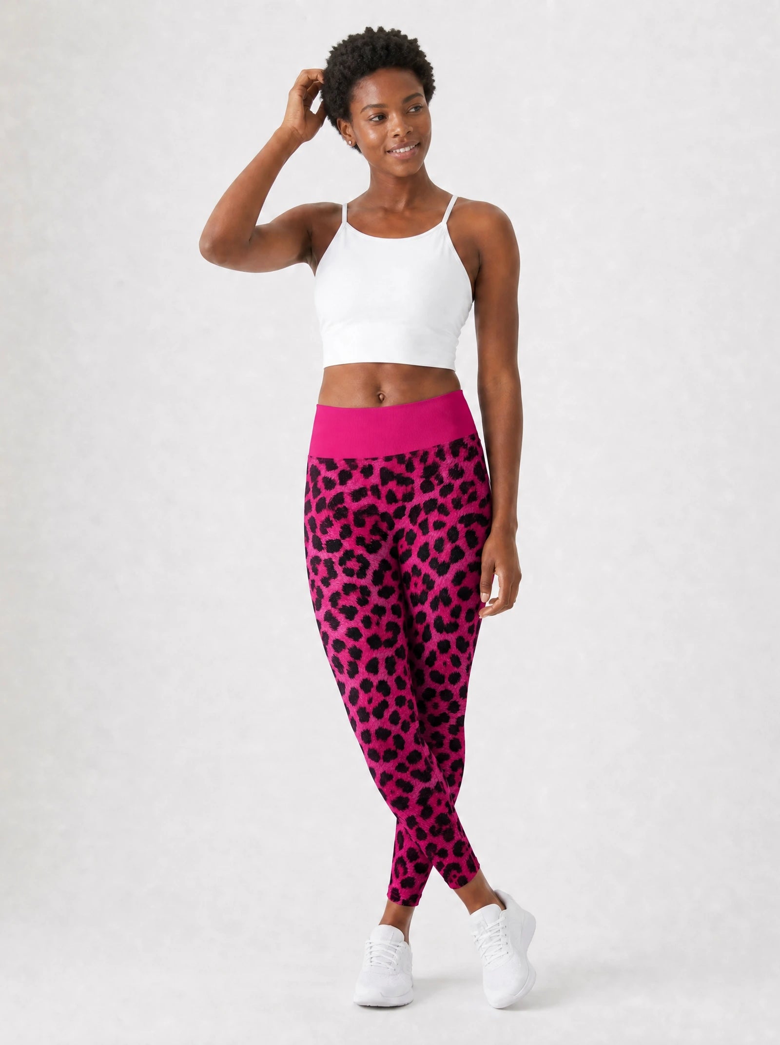 "Unstoppable" Pink Leopard Leggings — full body view on model