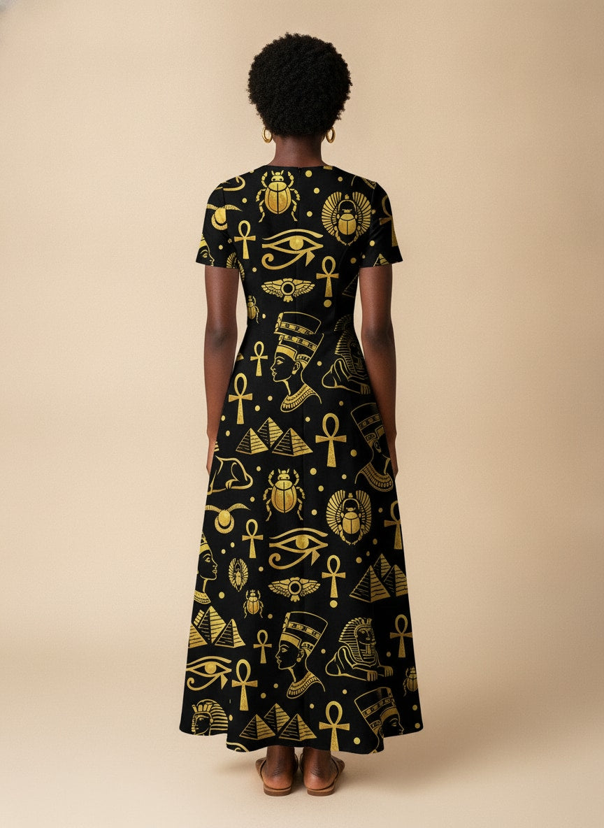 "Nefertiti" Black Gold Short Sleeve Maxi Dress