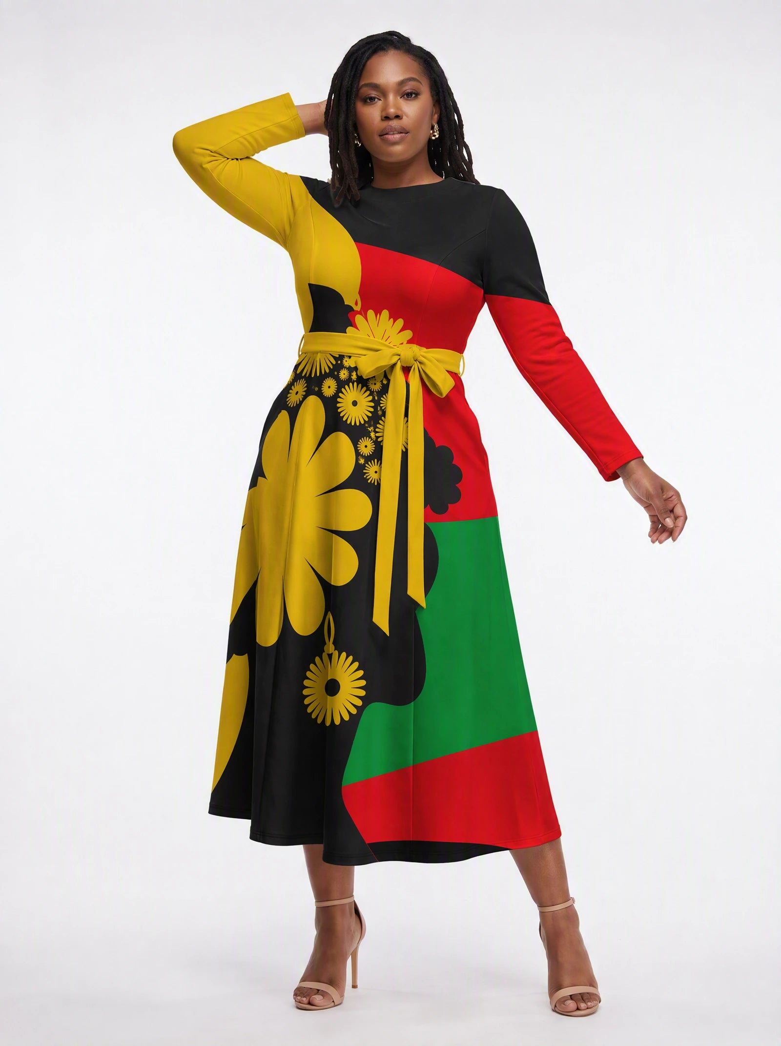 "Furaha" Viscose Midi Dress — three-quarter view on model, hand in the side pocket