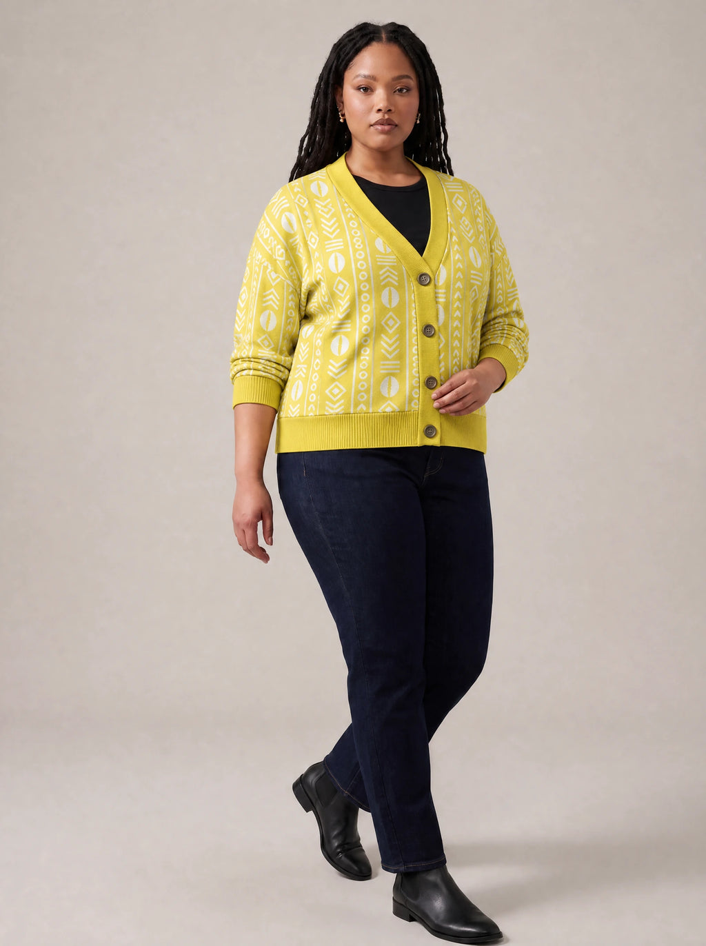 "Oshun Dhahabu" Cardigan — three-quarter view on model