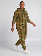 "Safu" Olive Gold Hoodie & Jogger Set — walking three-quarter view on model