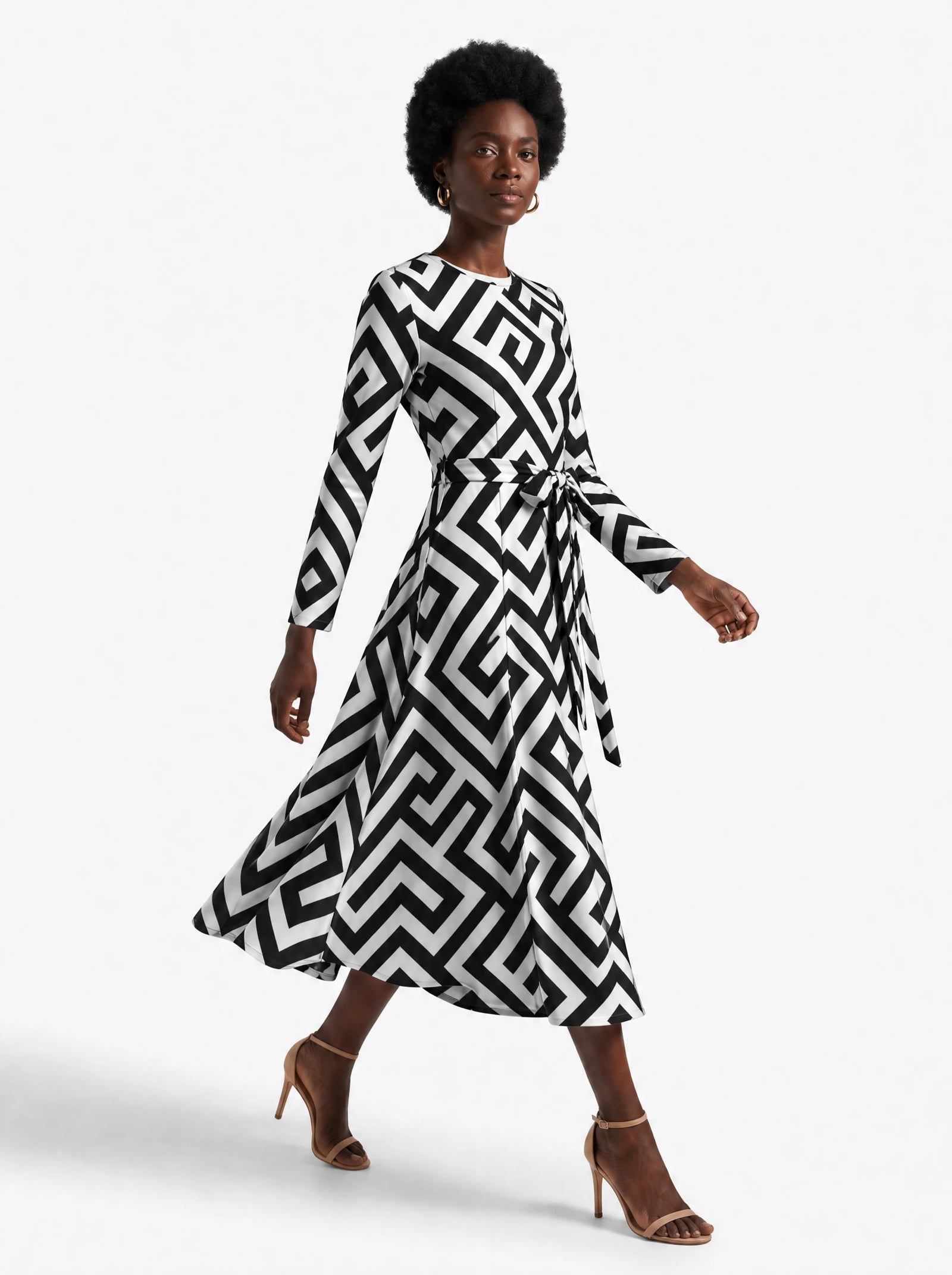 "Zamu" Viscose Midi Dress — three-quarter view on model, hand in the side pocket