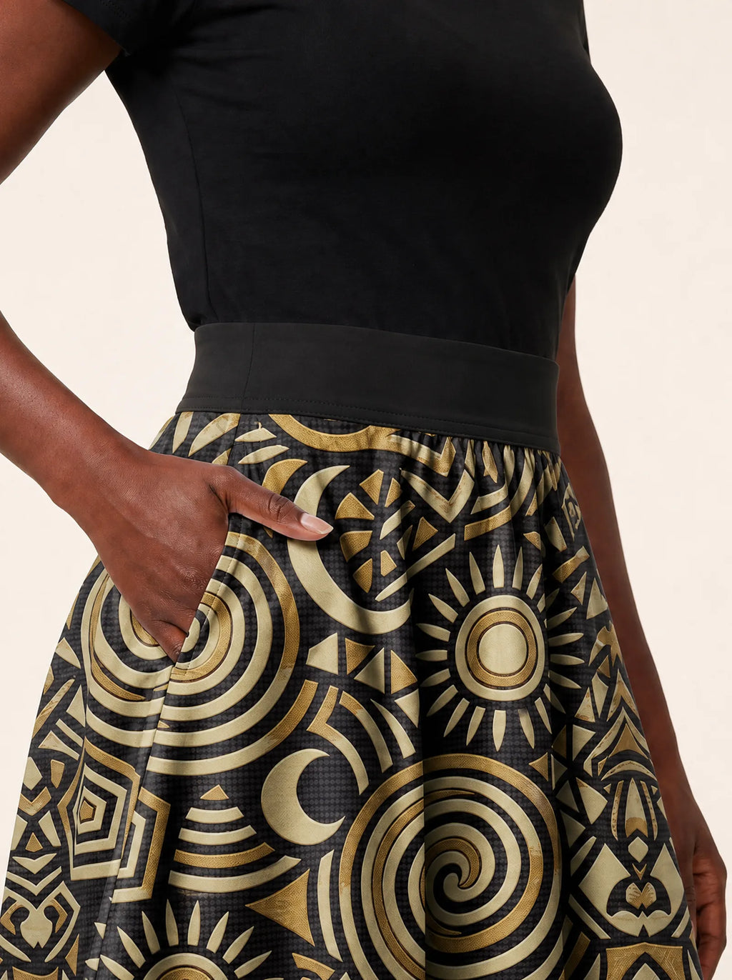 "Sahara" Twirl Skirt — close-up of the waistband and side pocket