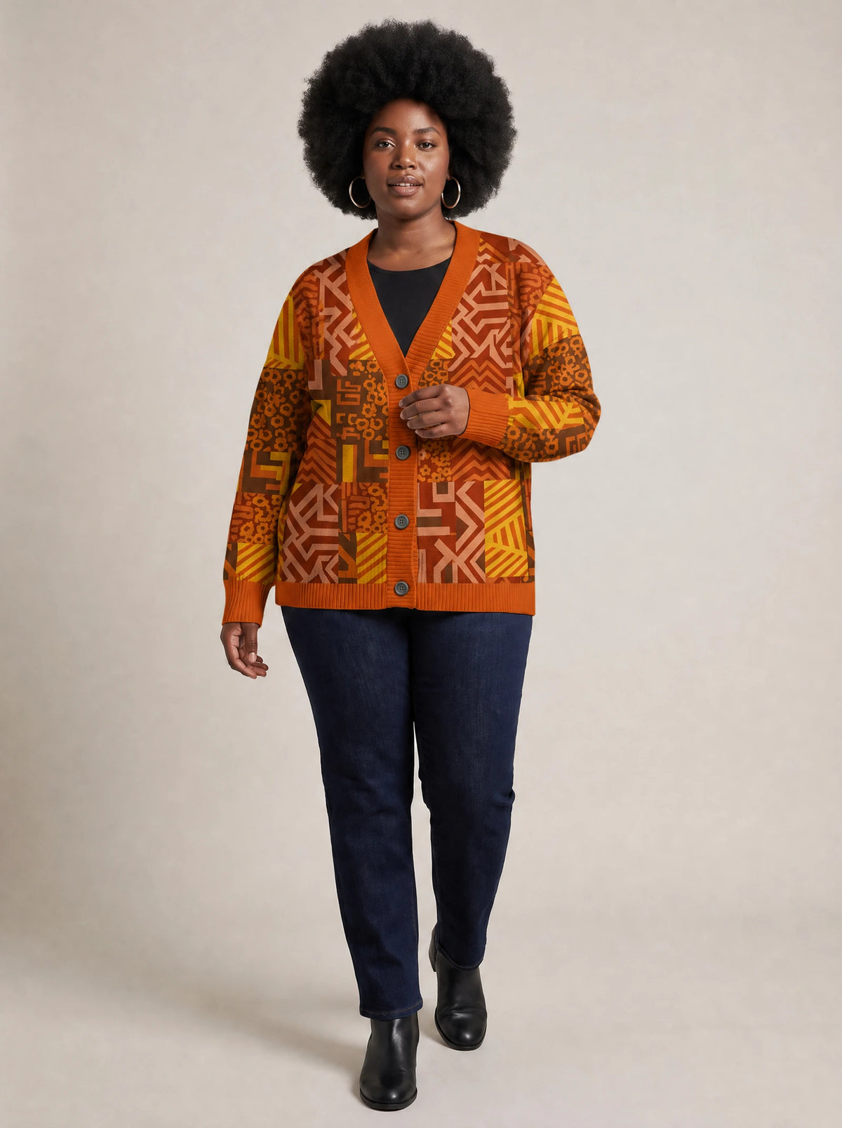 "Viraka" Knitted Cardigan — three-quarter view on model