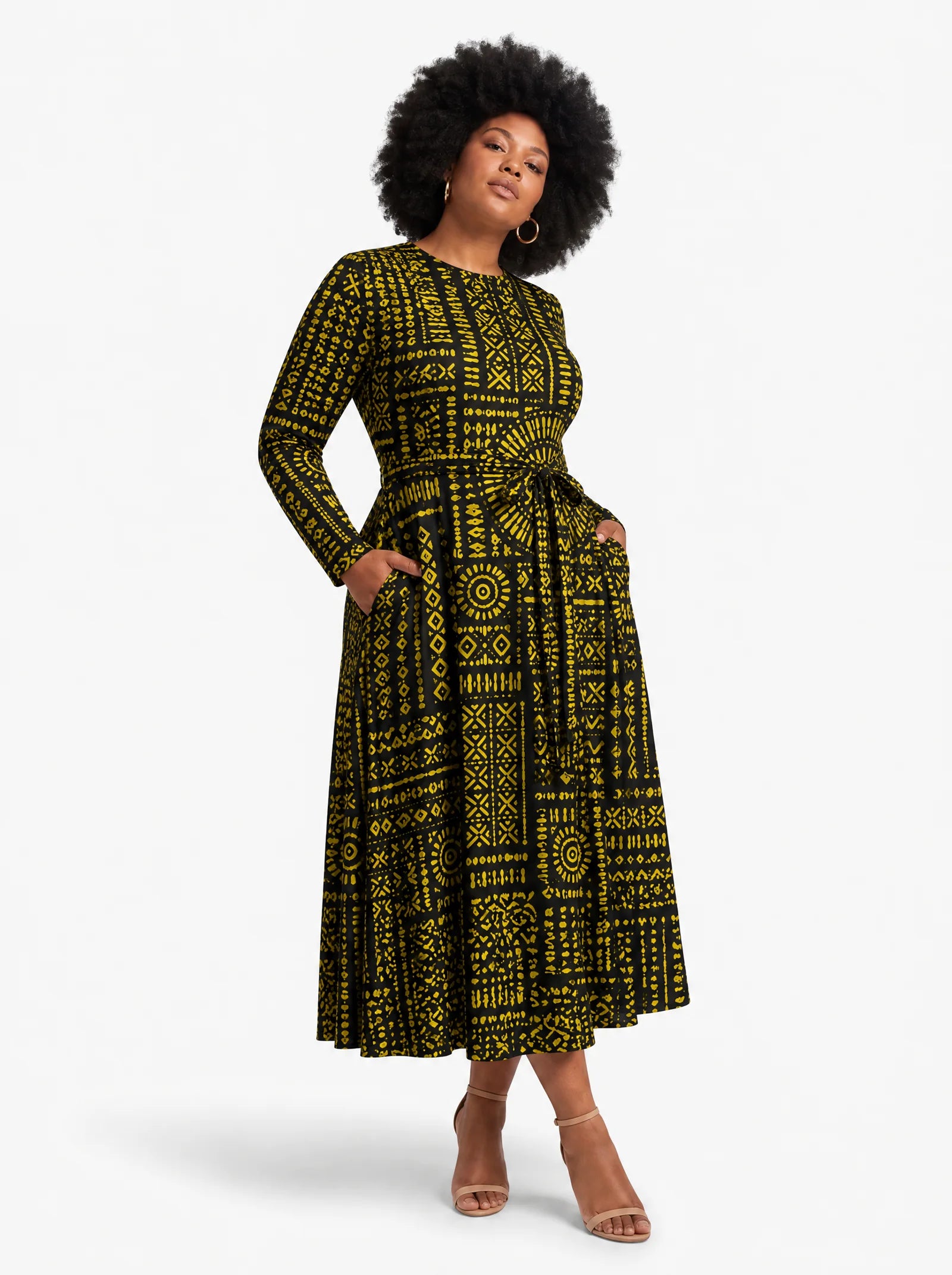 "Lamu" Viscose Midi Dress — three-quarter view on model, hand in the side pocket