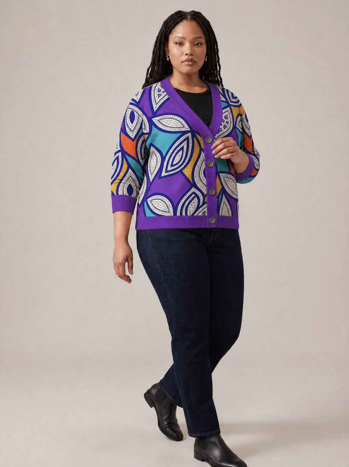 "Johari" Cardigan — three-quarter view on model