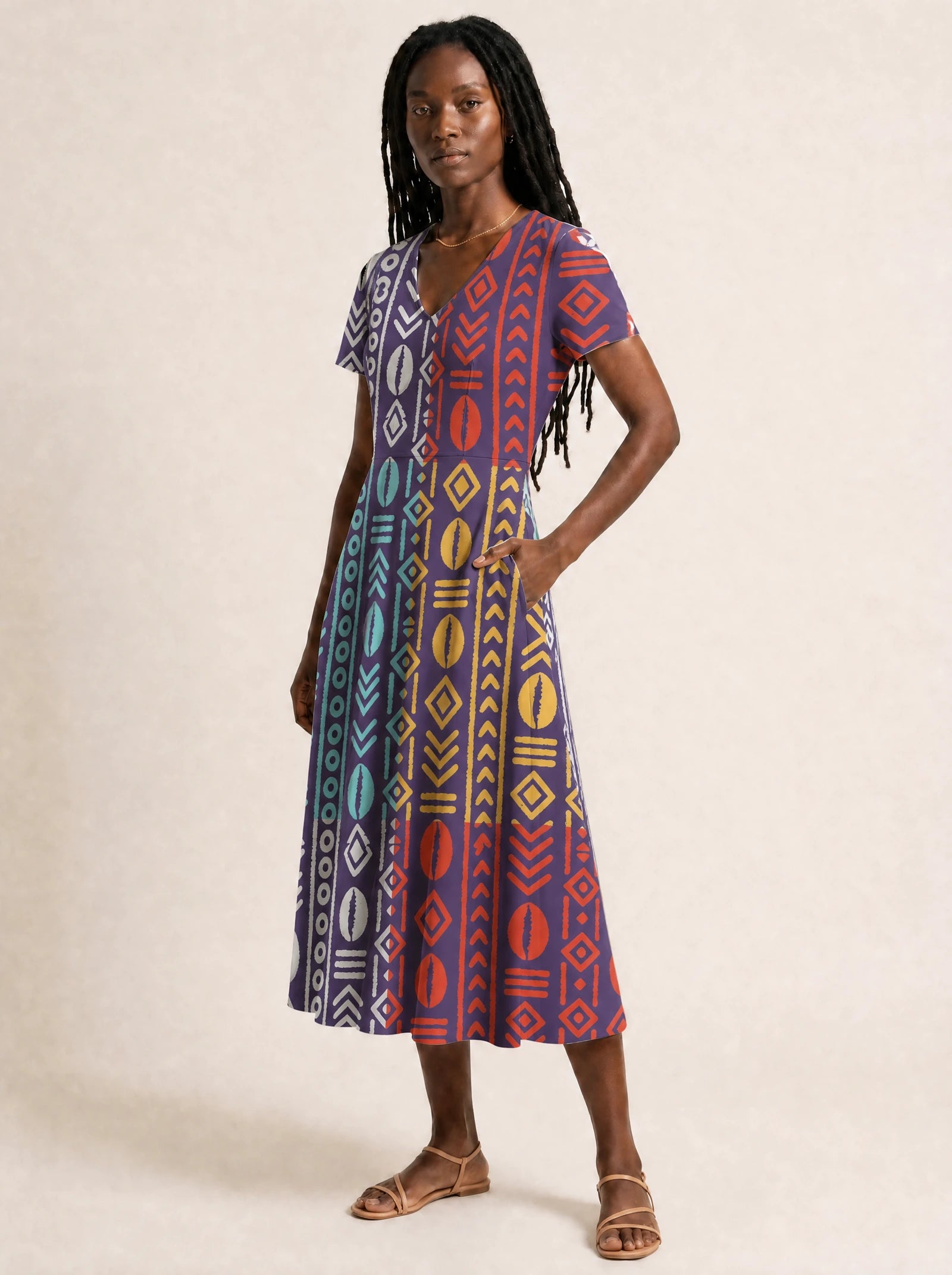 "Oshun Zamani" V Neck Midi Dress