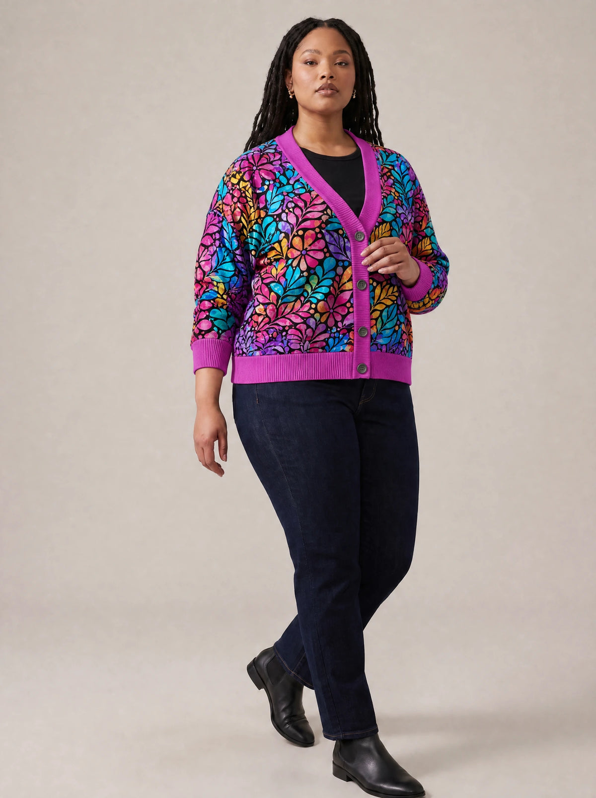 "Rangi" Cardigan — three-quarter view on model