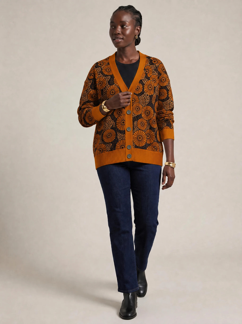 "Shada" Knitted Cardigan — three-quarter view on model