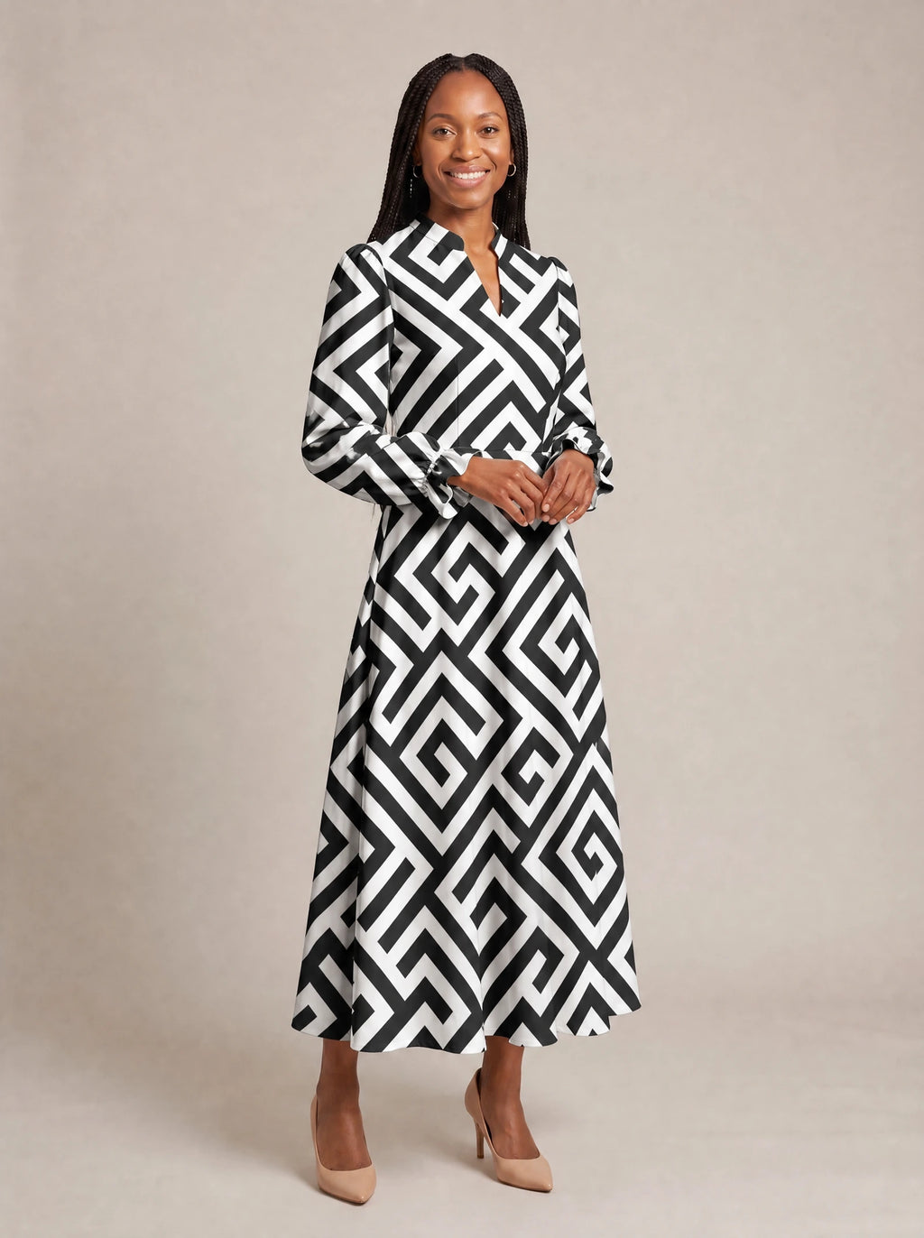 "Zamu" Long Puff Sleeve Dress — walking, three-quarter view on model