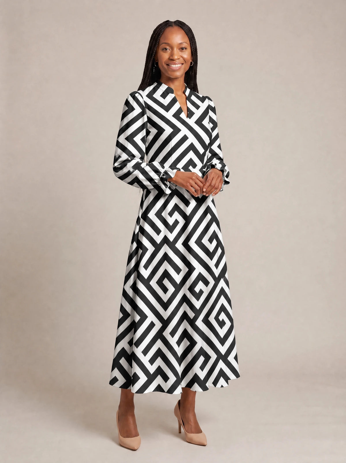 "Zamu" Long Puff Sleeve Dress — walking, three-quarter view on model