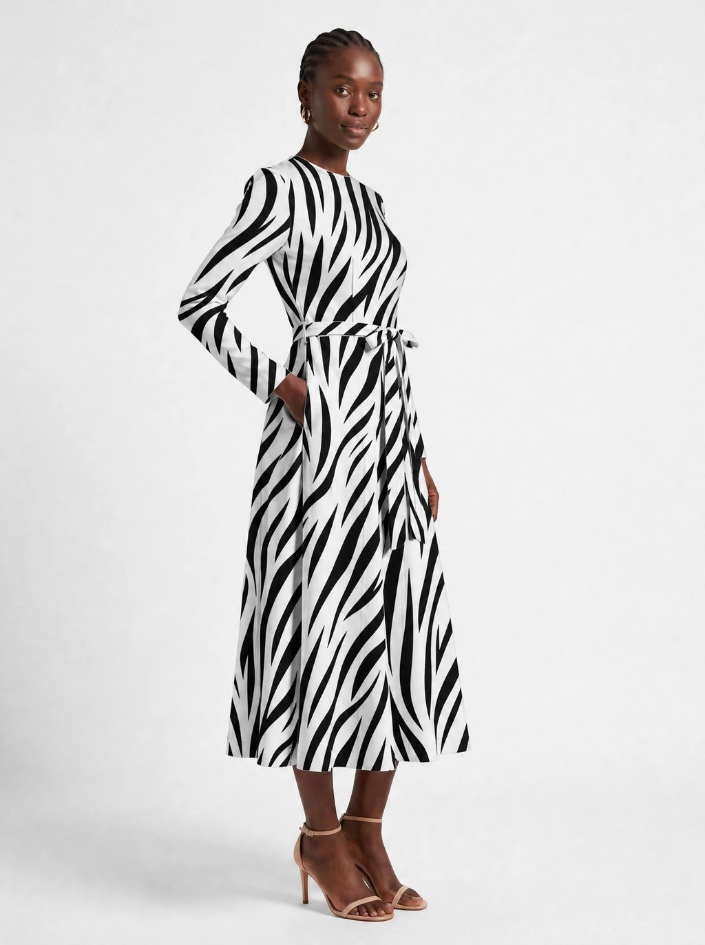 "Milia" Viscose Midi Dress — three-quarter view on model, hand in the side pocket