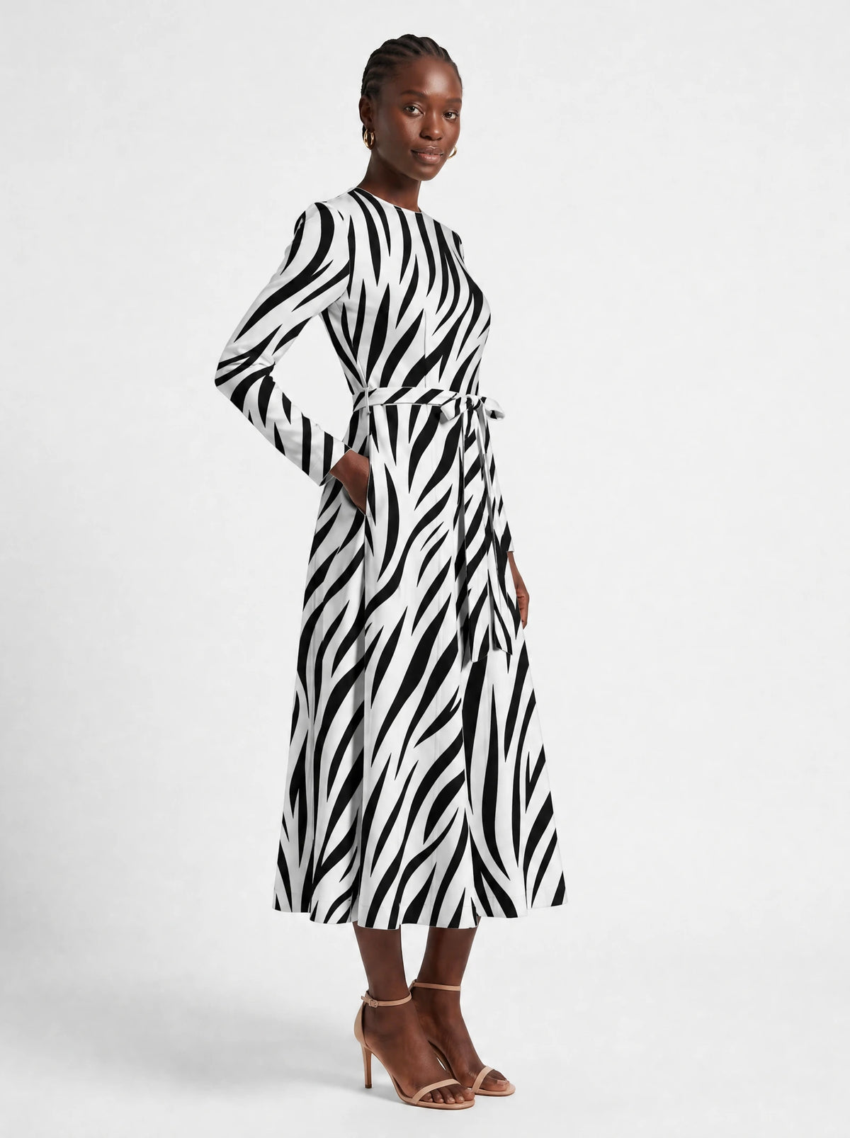 "Milia" Viscose Midi Dress — three-quarter view on model, hand in the side pocket
