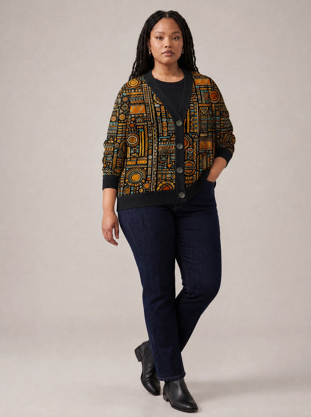 "Afrocentric Pattern" Cardigan — three-quarter view on model