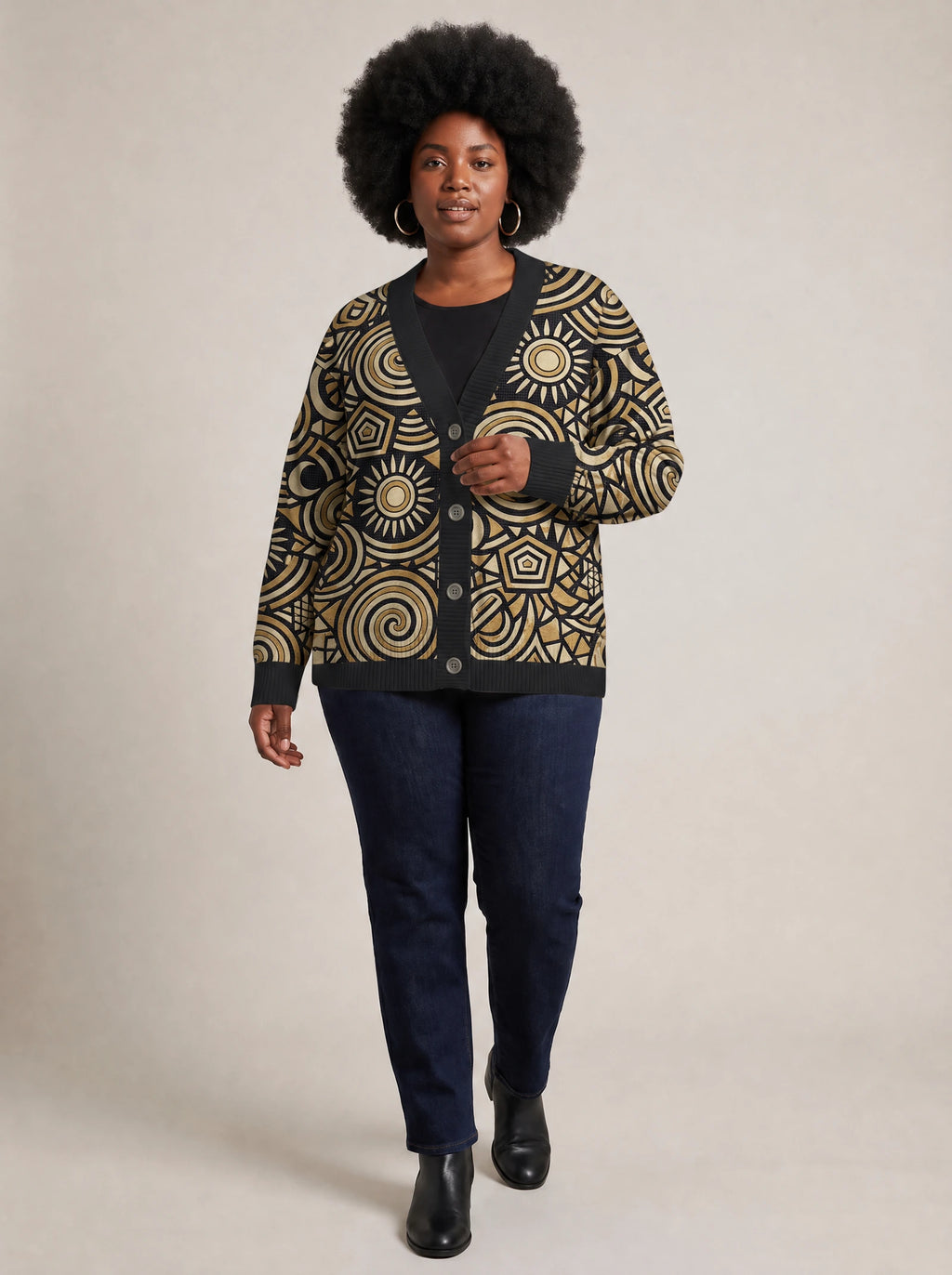 "Sahara" Knitted Cardigan — three-quarter view on model