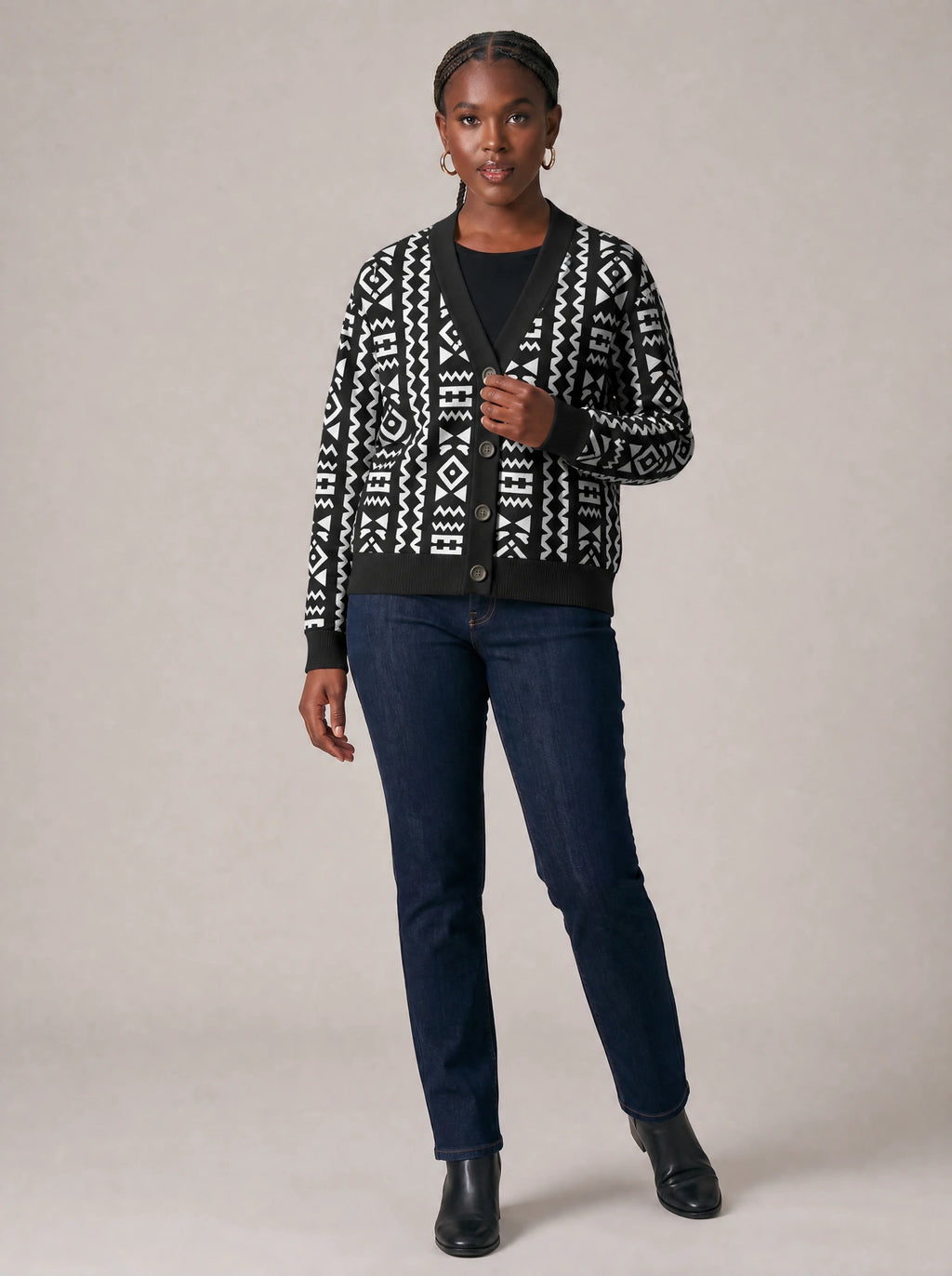 "Kuba" Cardigan — three-quarter view on model