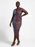 "Oshun Zamani" Cap Sleeve Midi Dress — three-quarter view on model