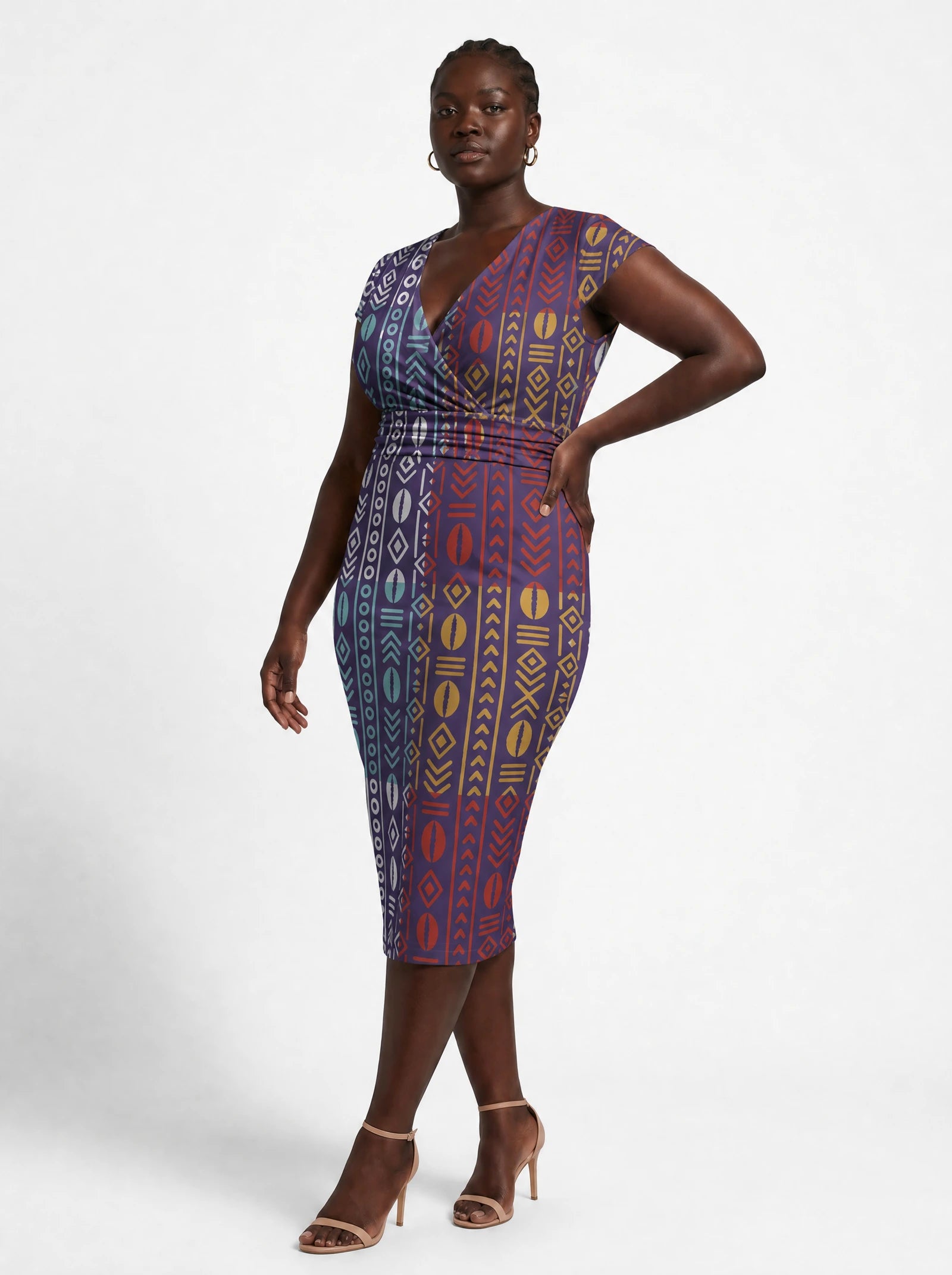 "Oshun Zamani" Cap Sleeve Midi Dress — three-quarter view on model