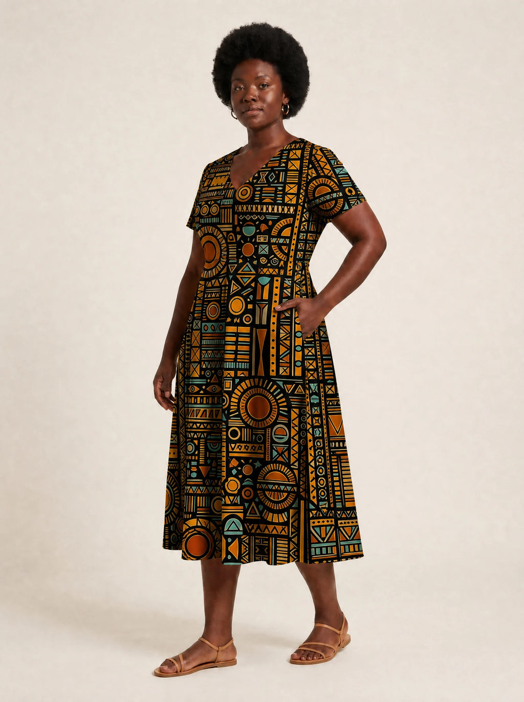 "Afrocentric Pattern" V Neck Midi Dress