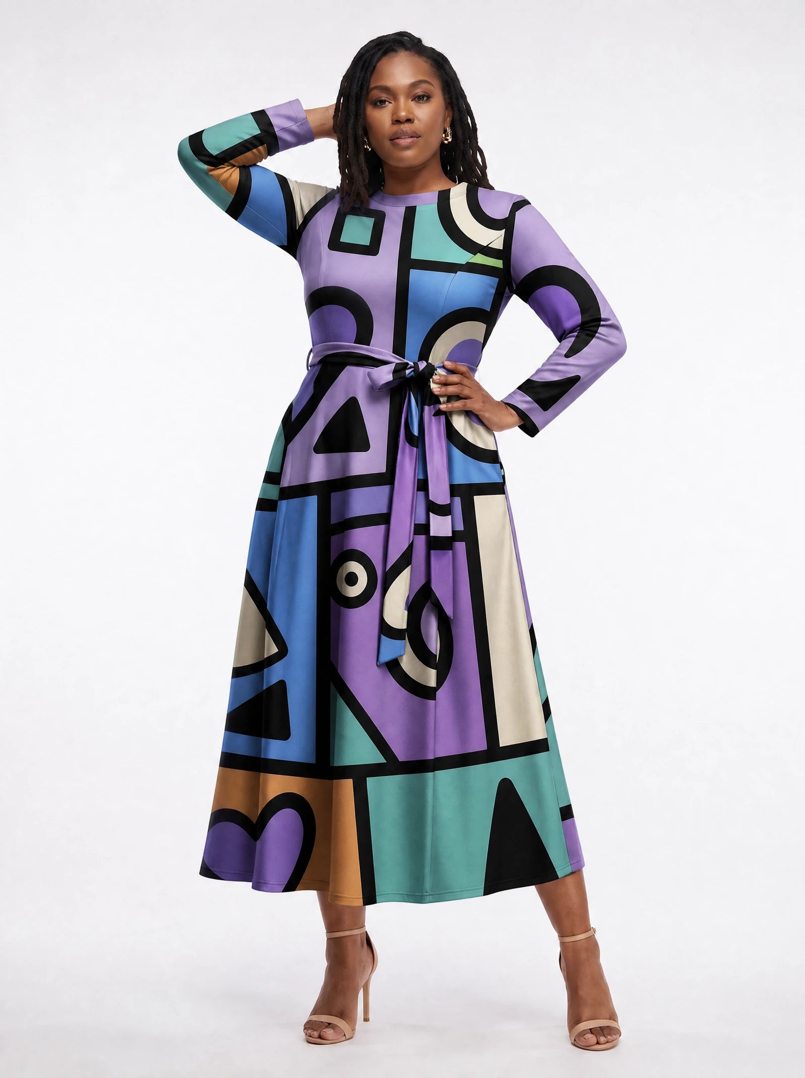 "Sanaa" Viscose Midi Dress — three-quarter view on model, hand in the side pocket