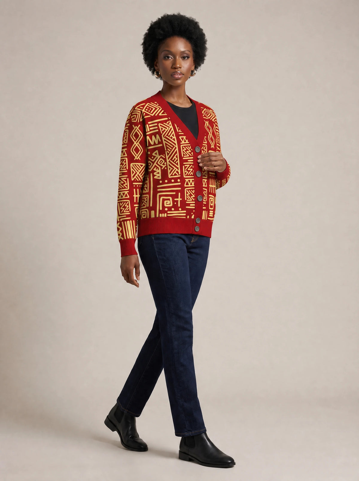 "Alama" Cardigan — three-quarter view on model
