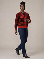 "Shaka" Burgundy Cardigan — three-quarter view on model