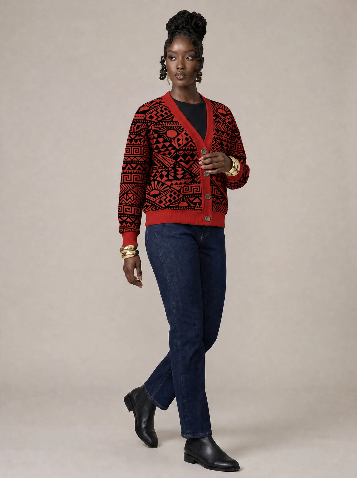 "Shaka" Burgundy Cardigan — three-quarter view on model