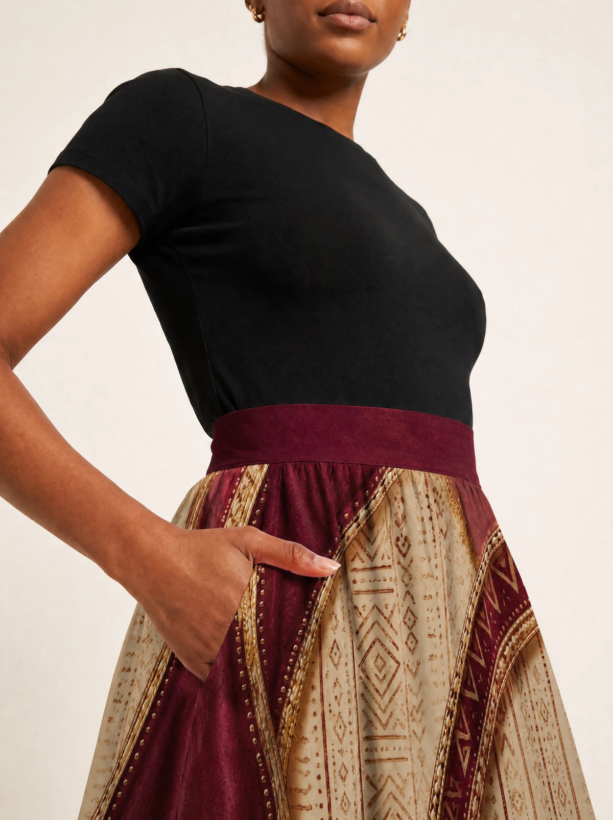 "Tapa" Twirl Skirt — waistband and pocket close-up