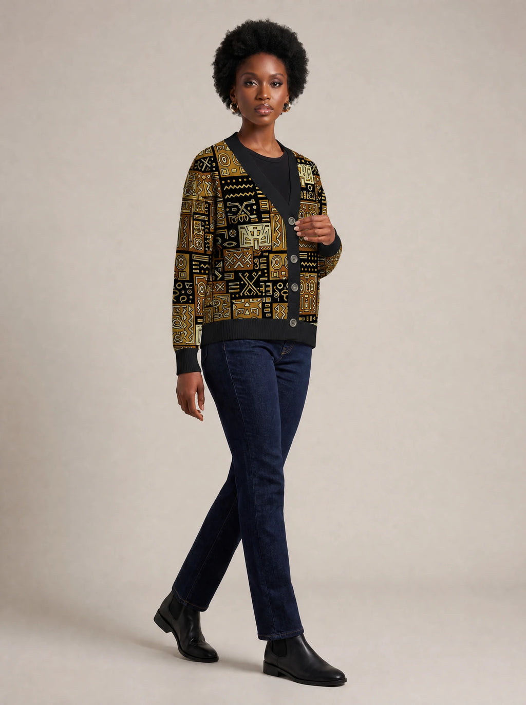 "Sankofa" Knitted Cardigan — three-quarter view on model